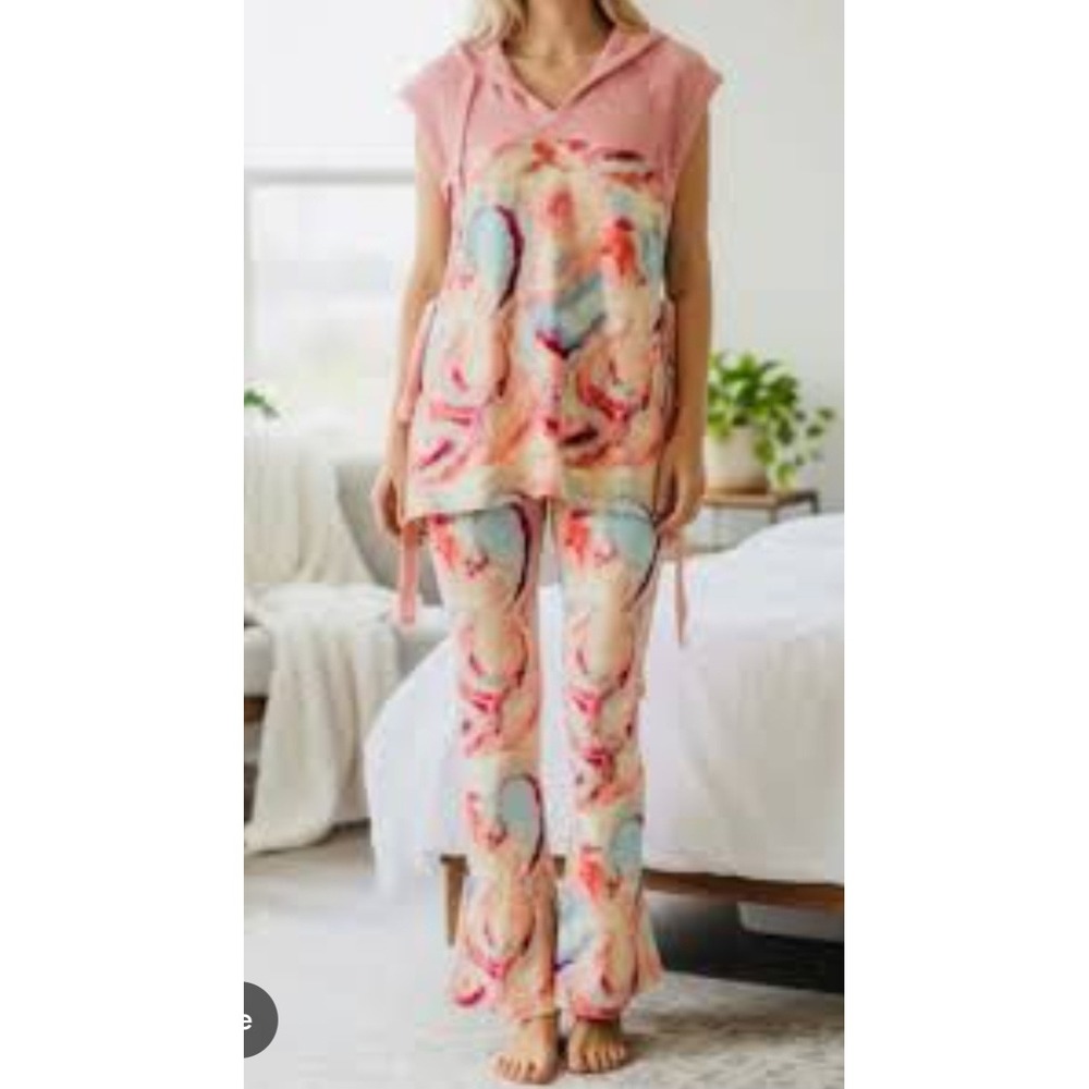 Free People Movement Tie Dye Lounge‎ Set Tunic Hoodie Flare Pants Peach Blue M